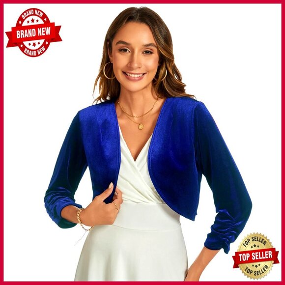 Sweaters - Velvet Bolero Shrug 3/4 Sleeve Open Front Cropped Cardigan Size Small